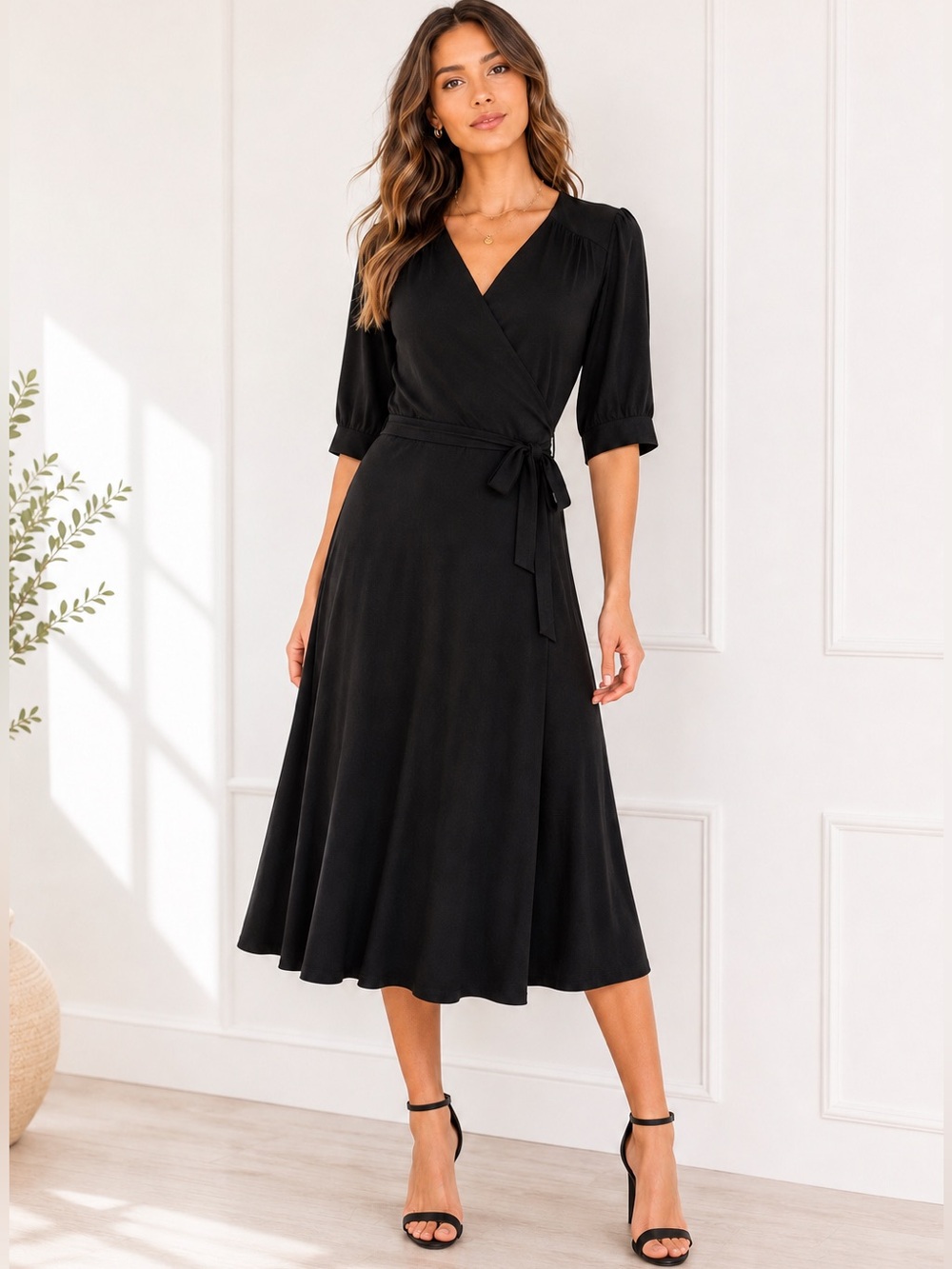 Laundry by Shelli Segal Black Wrap Elegant Midi Dress | Size 8